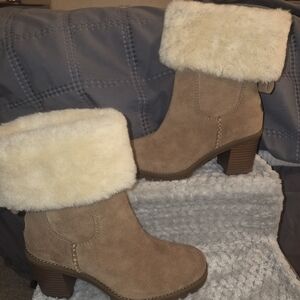 UGG Tan Heeled Boots with Cream Fur Cuff